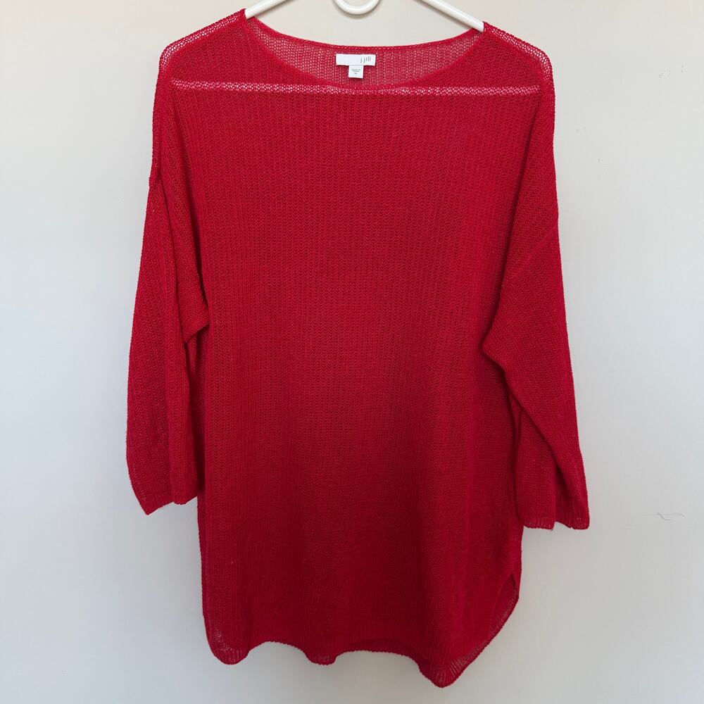 J.Jill Womens Linen Blend Top XL Red 3/4 Sleeve Lagenlook Coastal Resortwear - Picture 2 of 7